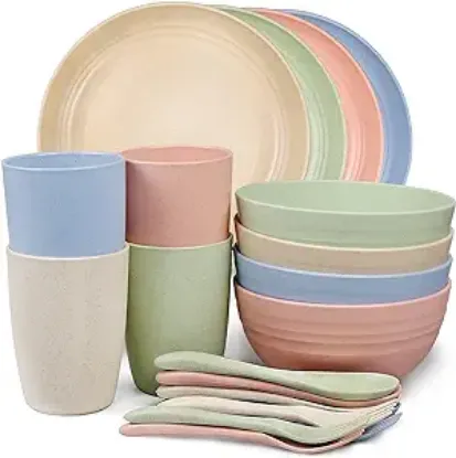图片 ahopwithgreen Wheat Straw Dinnerware Sets, 20 PCS Microwave Unbreakable Plates and Bowls Sets, Reusable Lightweight Tableware Dinner Dishes, Bowls, Cups, Plastic Dishes for Camping, Kitchen, RV