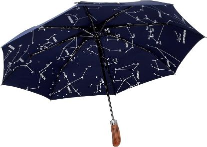 图片 Zalios (Designed in UK) Umbrella Handmade Real Wood Handle-Dark Navy with Sophisticated Constellation Interior Pattern-Windproof Fiberglass Auto Open Close Folding-300T Finest Fabric